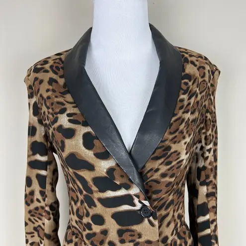 Stones Blazer Jacket Womens XS Brown Black Leopard Print Faux Leather Collar