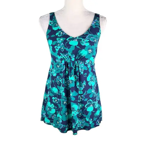 L.L.Bean  Soft Drape Tankini Top 12 Blue Green Floral Adjustable UPF 50+