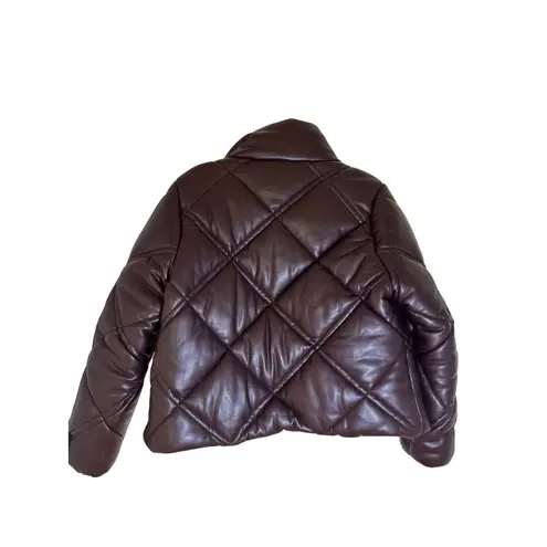 Milly Burgundy Faux Leather Quilted Puffer Jacket Stand Collar Full Zip