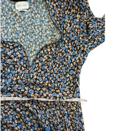 Saylor Ditsy Floral Midi Dress Blue Deep V-Neck High Slit Long Sleeves