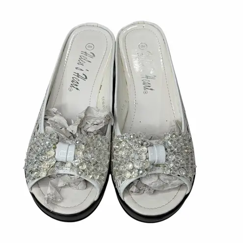 Helens Heart Wedge Sandal Womens 8 White Open Toe Sparkle Bling Crystal Bow Glam
