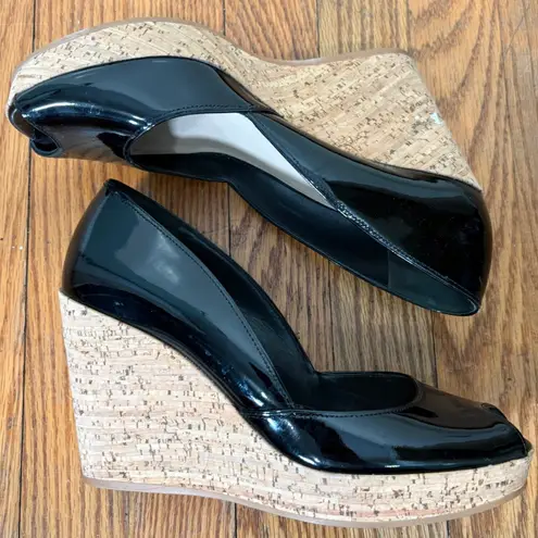 Via Spiga Black Patent Leather Peep Toe Cork Wedge Heels Size 8