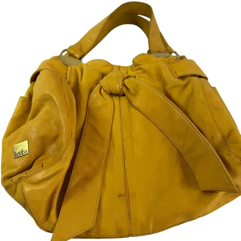 Kooba Vintage Mustard Yellow Leather Tote Bag with Bow Detail & Gold Hardware