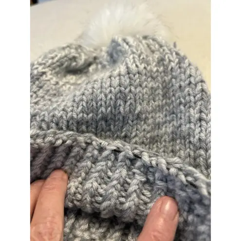 Handmade Love Nana Irish Merino Wool Slouch Beanie Hat Fur Pompom Blue OS