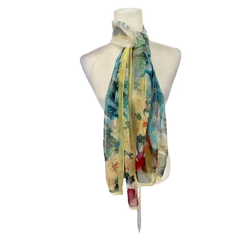 Silk Blend Scarf Asian Geisha Floral Print 66 x 19 Rectangle Art Wall Decor Blue