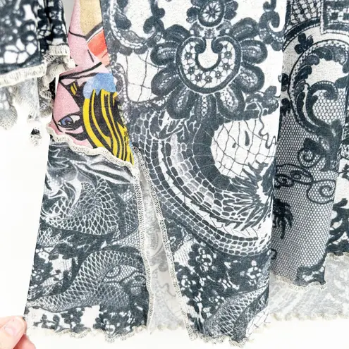 Womens Artsy Art To Wear Deco Boho Lagenlook 3/4 Sleeve Patchwork Floral Blouse Black Size M