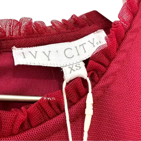 Ivy City Co. Embroidered Tulle Midi Red Floral Beaded Short Sleeve Size XS