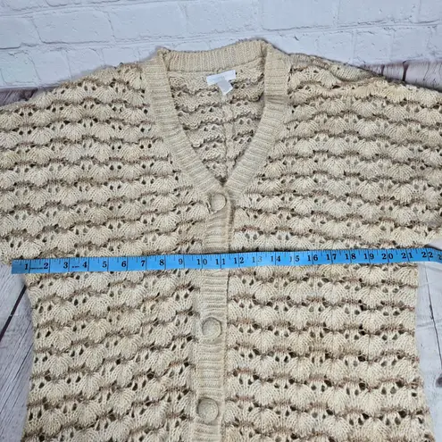Charter Club Wool Blend Beige Brown Crochet Knit Cardigan Sweater L 3/4 Sleeve