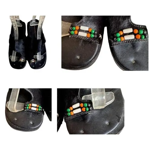 Naked Feet Sandals Flats 8.5 Beaded Toe Loop Black Leather Nubuck Square…