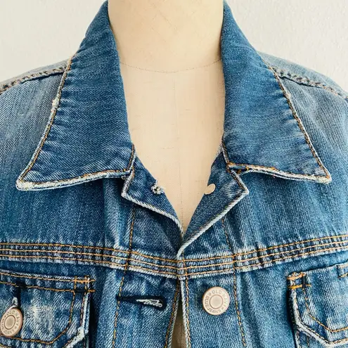 Old Navy Y2K  Denim Blue Jean Cotton Jacket Back Bedazzled Silver Sparkle Cross