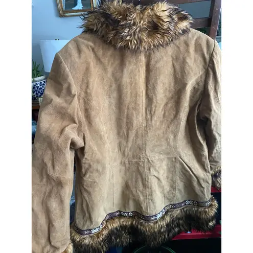 Vintage Penny Lane Suede Fur Trimmed Brown Coat XL Boho Y2K 1990's Winter Cabin