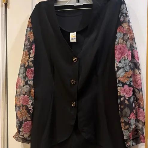 ETAM BRAND VINTAGE BLACK BLOUSE WITH SHEER FLORAL SLEEVES SIZE SMALL/MEDIUM