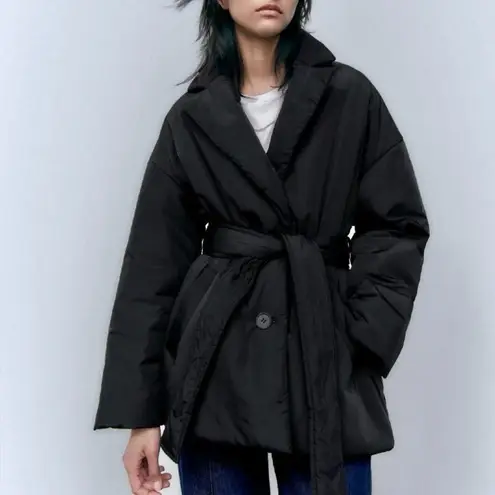 ZARA NWT black belted tie belt puffer jacket coat