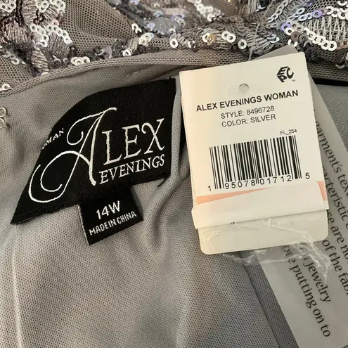 Alex Evenings Sequined Cocktail Dress Size 14W Silver Short Sleeve V-Neck Sheath - Image 8