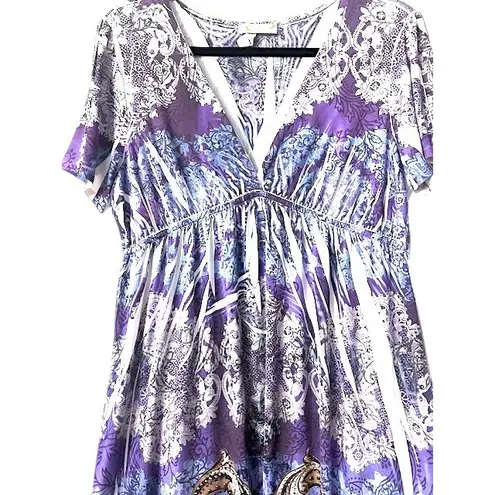 Purple Paisley Print Dress 2X Empire Waist Stretch Sequined Flowy Boho Festival