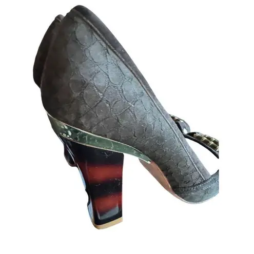 Elaine Turner Platform Heels Open Toe Brown Suede Tortoise Shell Heel Gold Hardw Size 6.5