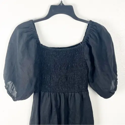 Aura Classic Black 100% Linen Smocked Top Puff Elastic Cuff Sleeve Dress Medium