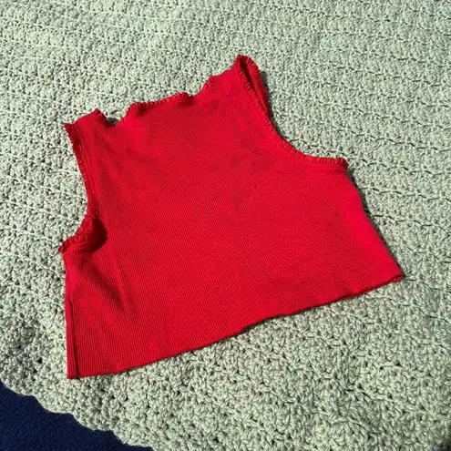 Ralph Lauren  frilly red ribbed v-neck tank crop top with raw hem
Women's size S