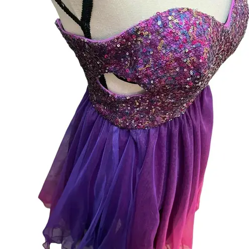 Blondie Nites sequin strapless ruffle mini dress purple ombré with side cut outs