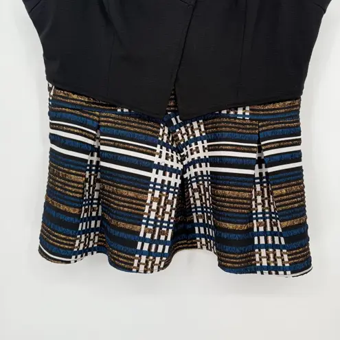 Deletta Anthropologie Nathalie Peplum Top Black Pleated Stripes Plaid Size L