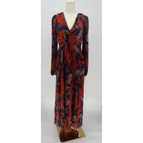 Chelsea28 NWT Floral Print Pleated Long Sleeve Dress Rust Blue Floral Sz XS $149