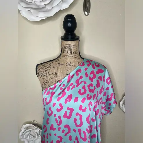 Entro NTM: One Shoulder Minty Blue with Pink Leopard Print Blouse Sz Small