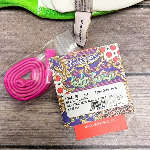 Luli Fama Pink Green Rhinestones Bandeau Bow Tassels Halter Bikini Top NWT