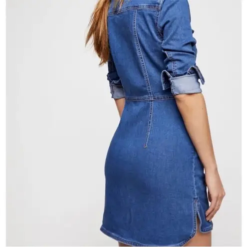 Free People  Dynomite Medium Wash Long Sleeve Stretch Denim Mini Dress Size S