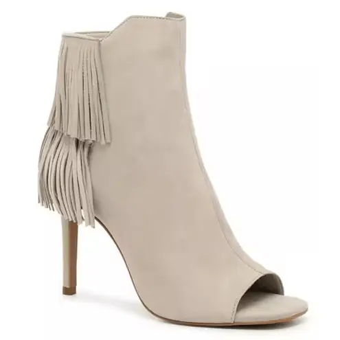Vince Camuto Booties Size 5 Tan Suede Fringe Stiletto Heels Peep Toe