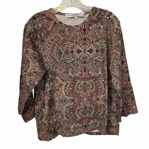 Orvis  Pink & Brown Paisley Print 100% Cotton Sz Large  Long Sleeve Crewneck Top.