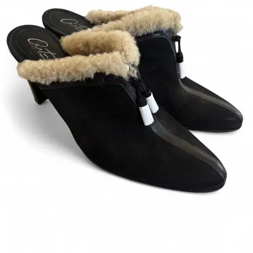 Arturo Chiang Vintage leather fur tassel slides mules heels like new size 10