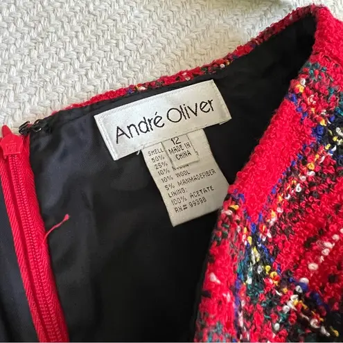 André Oliver Vintage 90s Wool Blend Boucle Knit Plaid Knee Length Fringe Skirt