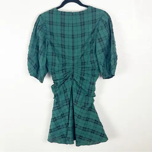 Tanya Taylor Emmaline Green Black Plaid Puff Sleeves Back Pleating Mini Dress 2