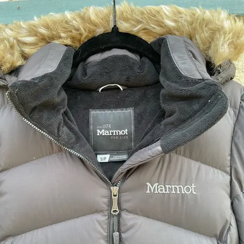Marmot Black Montreal Long Down Puffer Jacket Faux Fur Hood S 700 Fill