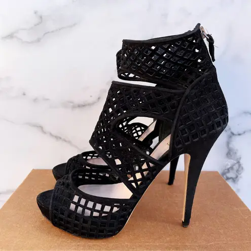 Miu Miu Forma black suede caged cutout platform sandals size IT 39.5