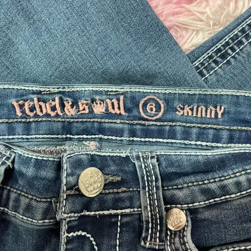 Rebel Soul Skinny Jeans Embellished Pockets Dark Wash Denim Blue Size 6