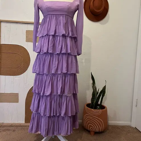 None Vintage Handmade 70s Purple Multi Tiered Pleated Sheer Sleeve Square Neck Dress