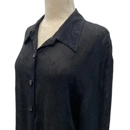 carole little Vintage Black Mesh Lace Floral Embroidered Button Down