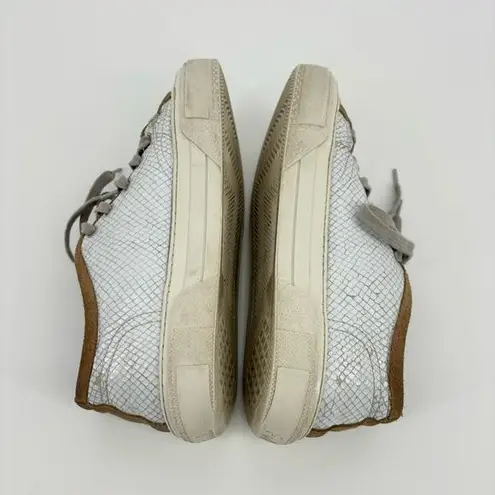 P448 Sally Low Top Sneakers Size 7 Reptile Print White Tan Metallic