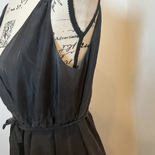 Garnet Hill Black Wrap Maxi Dress Sz 12 V Neck Sleeveless Tie Waist 100% silk