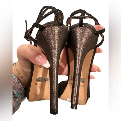 Badgley Mischka NEW BADGLEY MISCHSKA COPPER BROWN SHIMMER ANKLE STRAP STILETTOS LEATHER SHOES 7