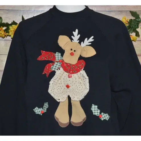 Tultex Vintage Hand Crafted Black Christmas 3-D Reindeer Sweatshirt Size L Granny Core