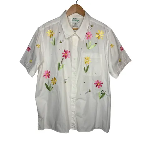 Vintage The Quacker Factory Womens Button Up Top Size 1X Embroidered Floral Bees White