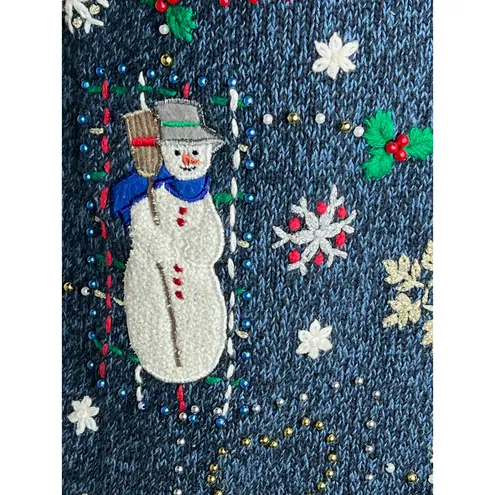 christmas sweater vest snowmen snowflakes beaded Blue Size M