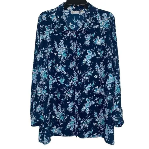 Joan Rivers Women’s Size 1X Blue Floral Polyester Button Up Long Sleeve Blouse
