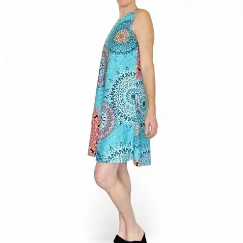 Blue Colorful Hippie Mandala Bohemian Sleeveless Mini Dress Size M
