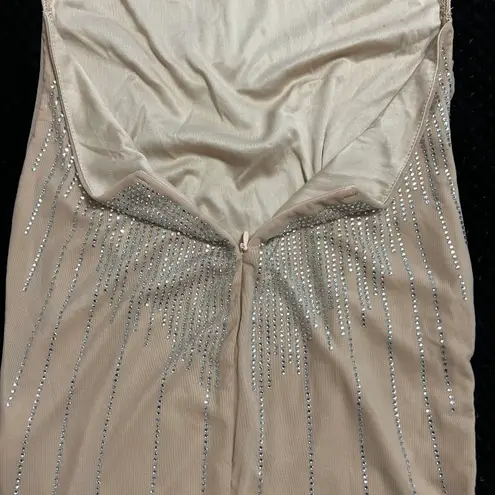 Rhinestone Open Back Mini Dress Slim Fit Mock Neck Backless Long Sleeve Tan Dress Party Dress Prom Wedding Size XS