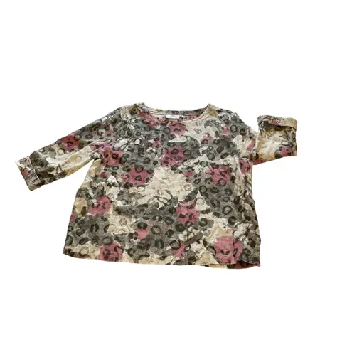 Hot Cotton by Marc Ware Floral Leopard Print Linen Top Blouse Small Pink