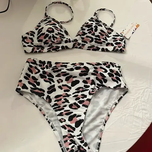 New Leopard Print Pink Black Bikini, Size Medium NWT White
