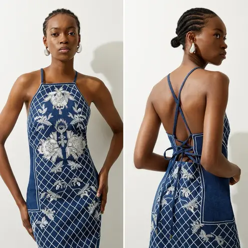 Karen Millen Beaded Embellished Denim Woven Halter Midi Dress Sz 8 NWT